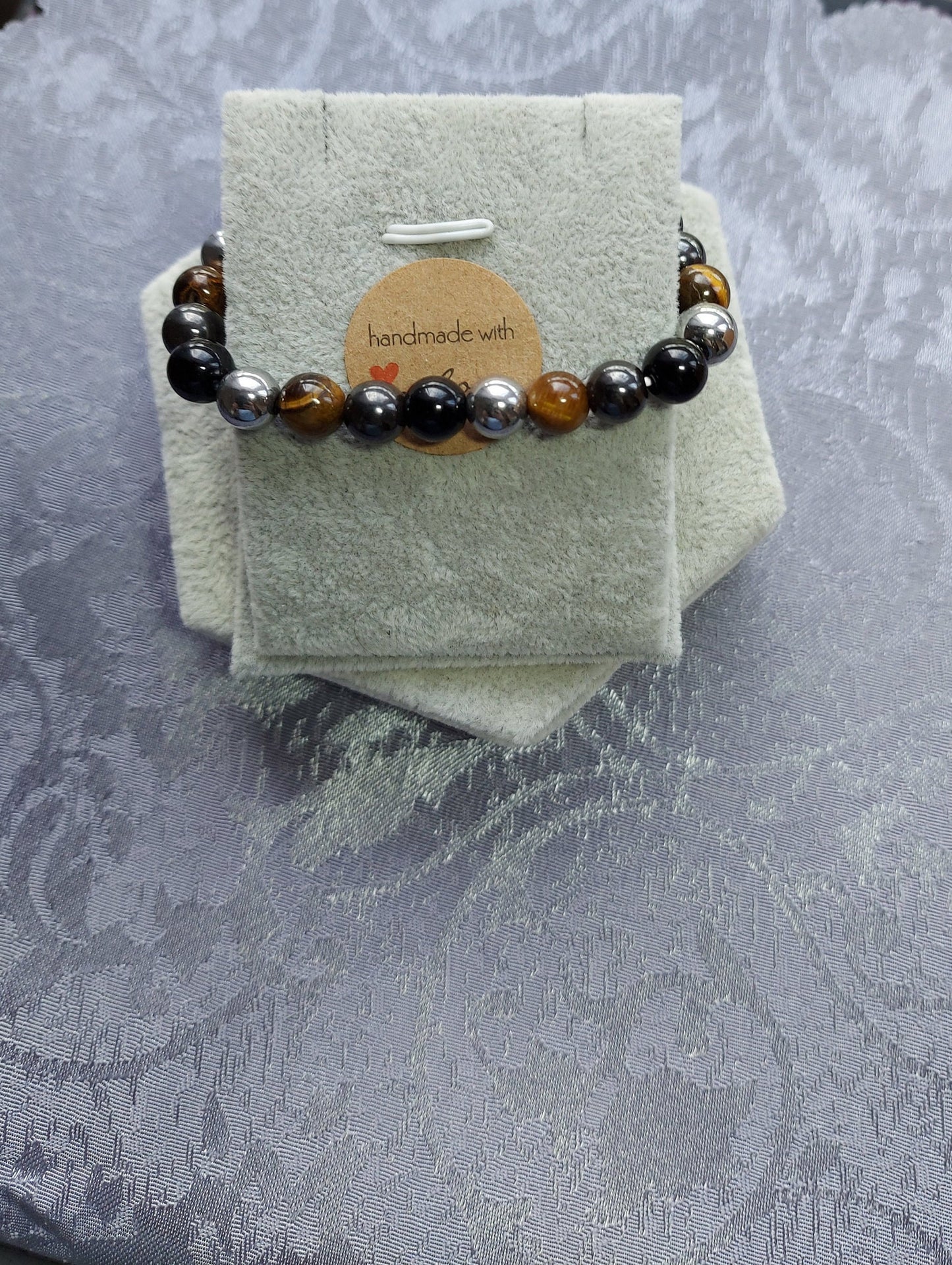 Triple Protection Tigers Eye, Black Obsidian and Lodestone Crystal Gemstone Beaded Chakra Bracelet