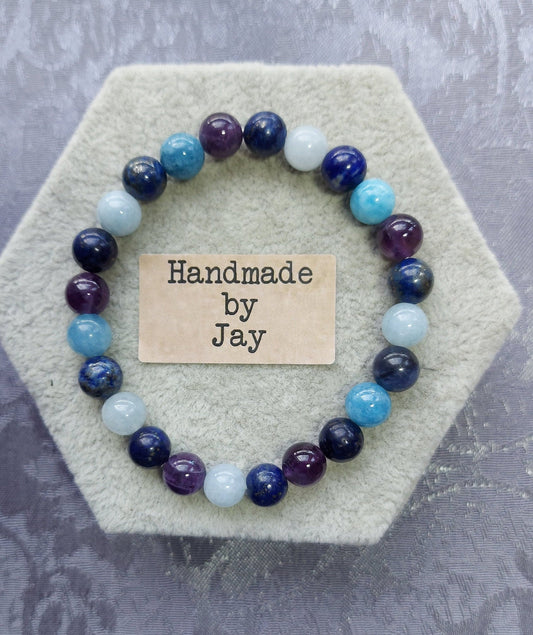 8mm  Undyed  Natural Lapis Lazuli, Amethyst and Aquamarine Crystal Gemstone Beaded  Bracelet Throat Chakra