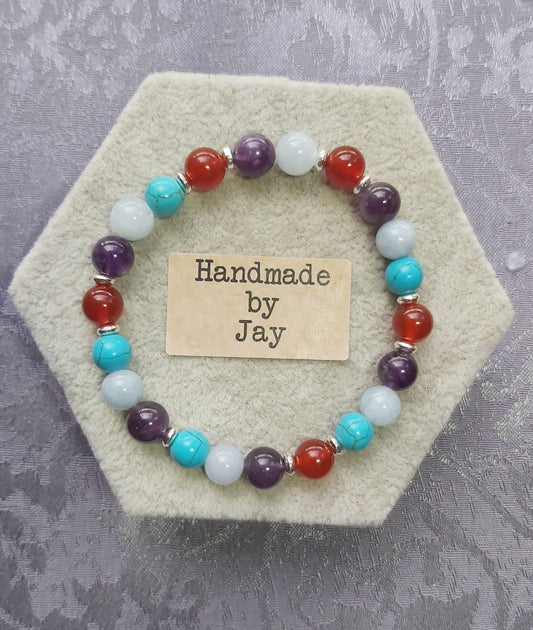 8mm Aquamarine, Amethyst, Carnelian and Turquoise Crystal Gemstone Beaded Bracelet Reiki Heart and Sacral Chakra