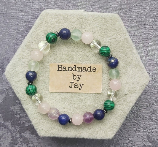 8mm  Fluorite, Lapis Lazuli, Clear Quartz, Rose Quartz & Green Malachite Crystal Gemstone Beaded Bracelet Reiki Chakra