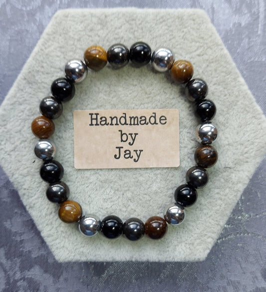 Triple Protection Tigers Eye, Black Obsidian and Lodestone Crystal Healing Gemstone Beaded  Chakra Bracelet