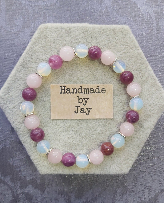 8mm Lepidolite, Moonstone & Rose Quartz Crystal Gemstone Beaded Bracelet Heart Chakra