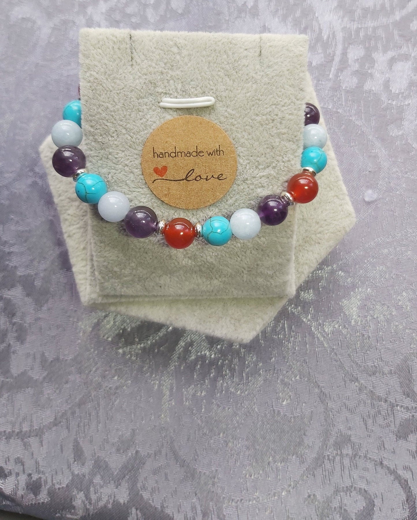 Handmade Fatigue/Stress Support Aquamarine, Amethyst, Carnelian and Turquoise Crystal Gemstone Beaded Bracelet