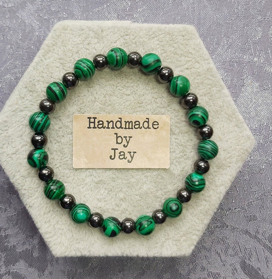 8mm Natural Malachite &  Magnetic Hermatite Lodestone Crystal Gemstone Beaded Root Chakra Bracelet