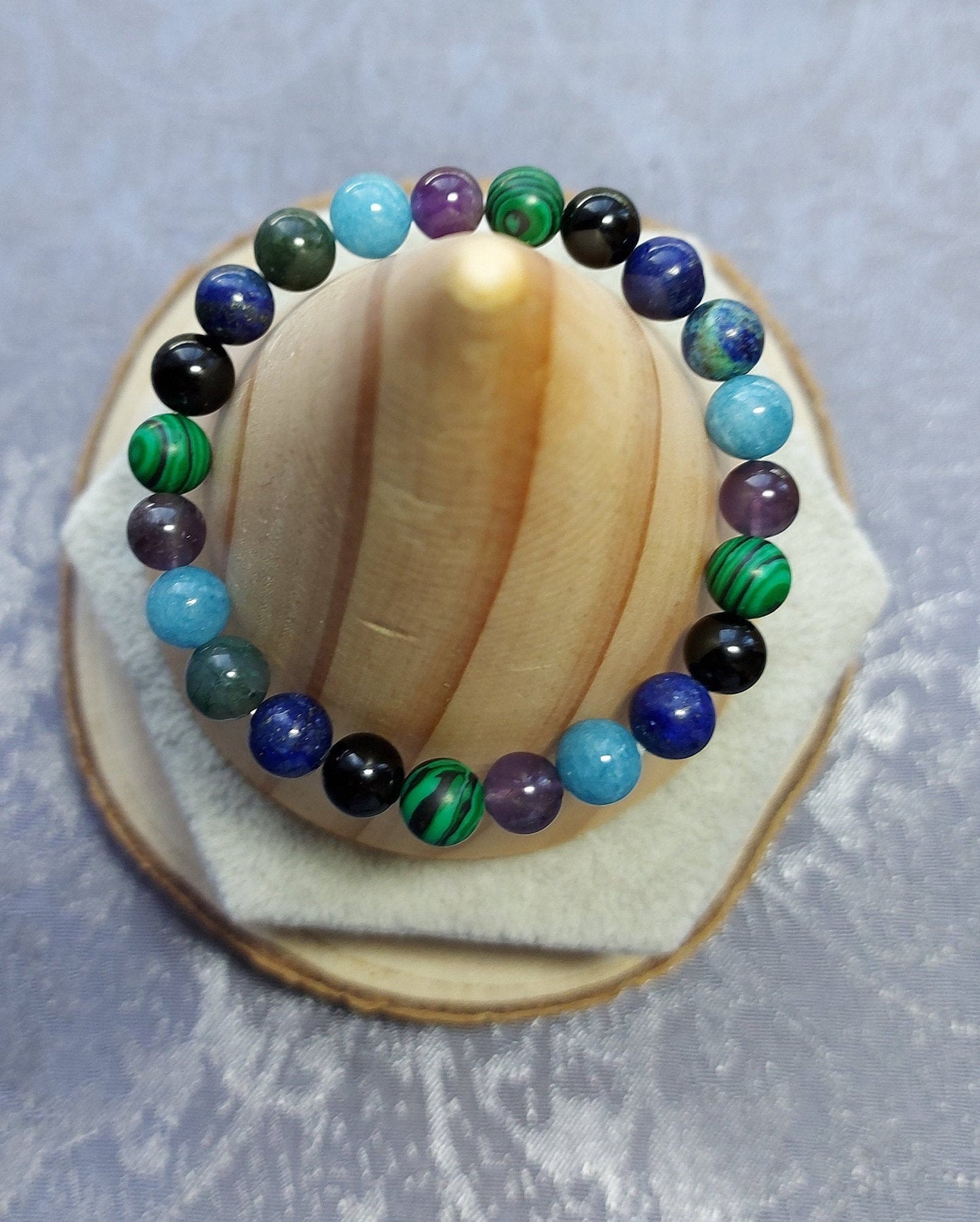 Immune System Booster Lapis Lazuli, Amethyst, Moss Green, Aquamarine, Malachite & Black Tourmaline Crystal Healing Beaded  Bracelet