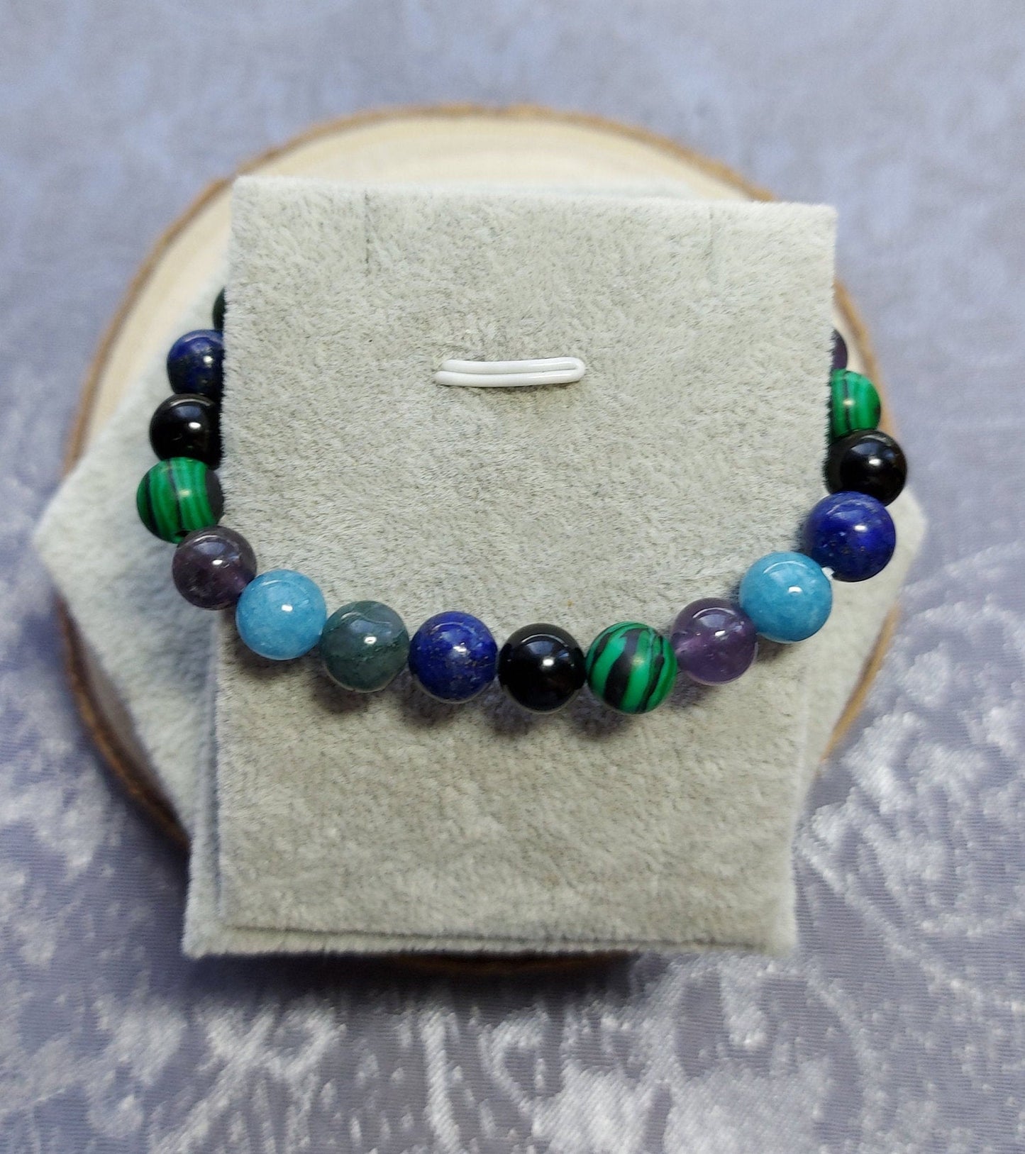 Immune System Booster Lapis Lazuli, Amethyst, Moss Green, Aquamarine, Malachite & Black Tourmaline Crystal Healing Beaded  Bracelet