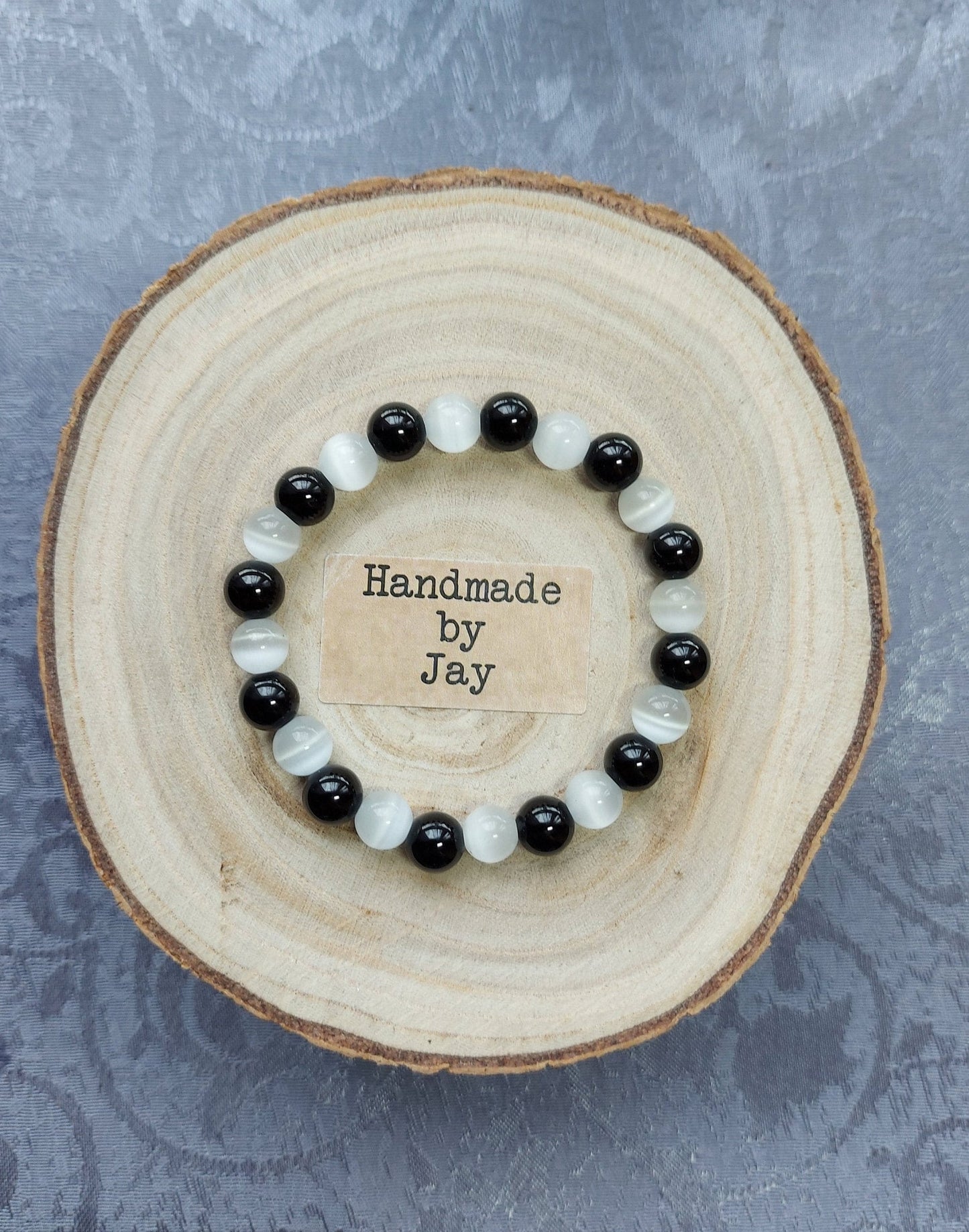 8mm Selenite and Black Tourmaline for Detox, Grounding & Anxiety Support Crystal Gemstone Beaded Chakra Bracelet