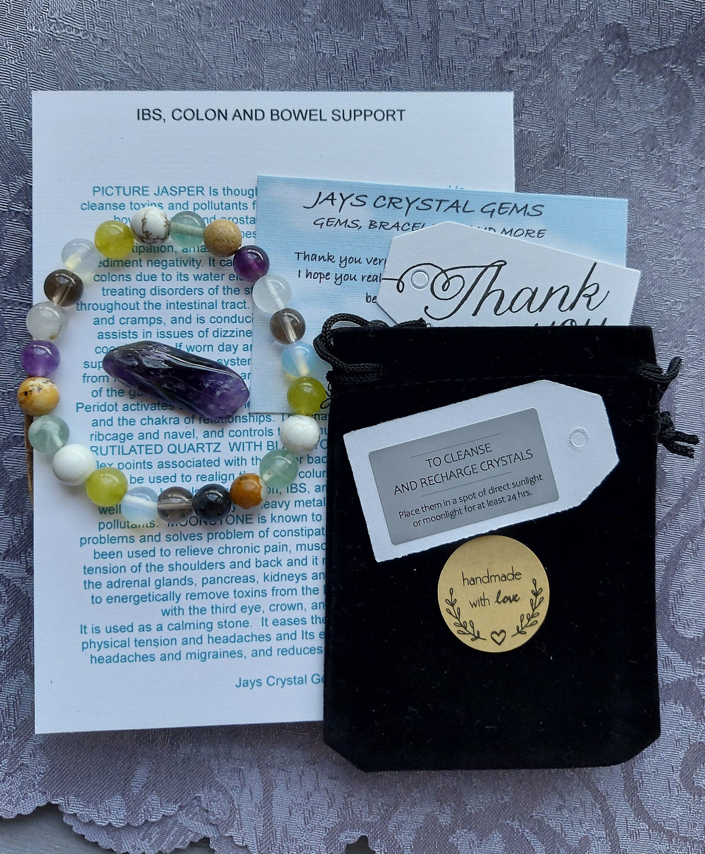 IBS, Bowel and Colon Support  Crystal Healing Gemstone Beaded Bracelet  using Fluorite, Picture Jasper,  Peridot, Moonstone and Garnet