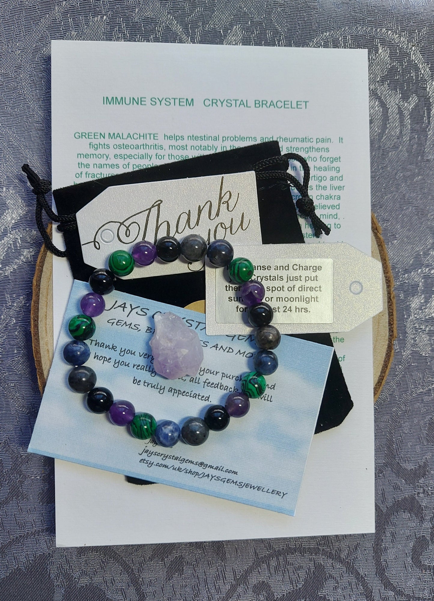 Immune System Booster Lapis Lazuli, Amethyst, Moss Green, Aquamarine, Malachite & Black Tourmaline Crystal Healing Beaded  Bracelet
