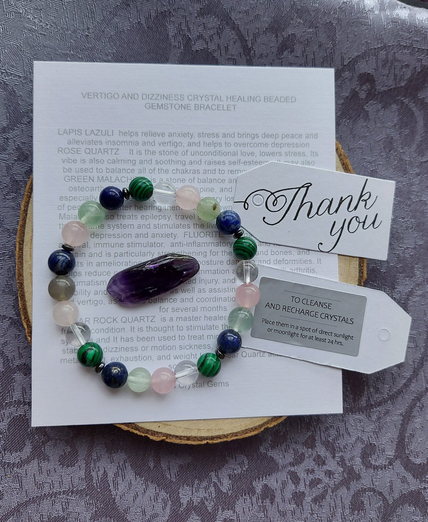Crystal Healing Bracelet: Malachite, Lapis Lazuli, Fluorite for Vertigo & Insomnia