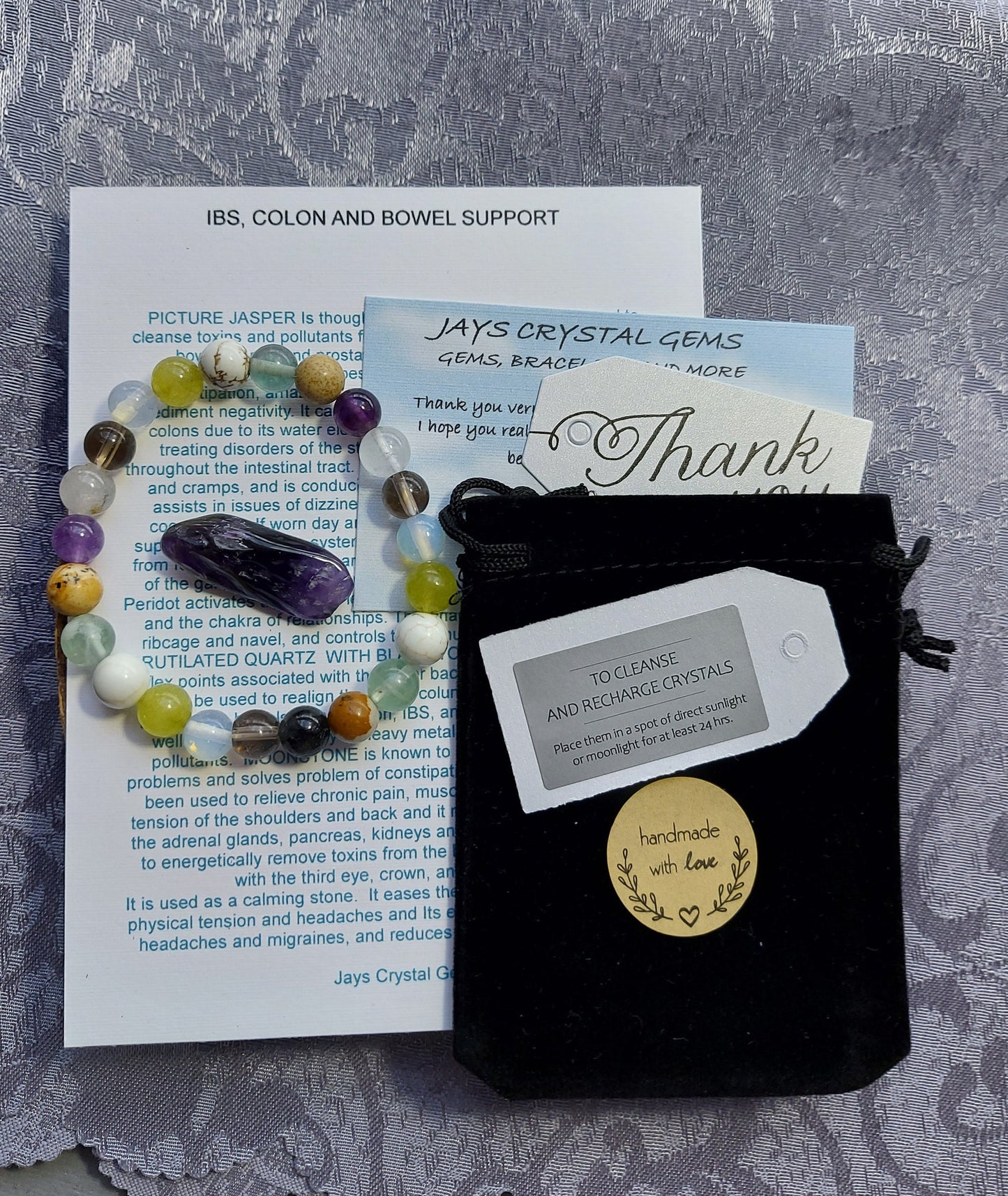 IBS, Bowel and Colon Support  Crystal Healing Gemstone Beaded Bracelet  using Fluorite, Picture Jasper,  Peridot, Moonstone and Garnet