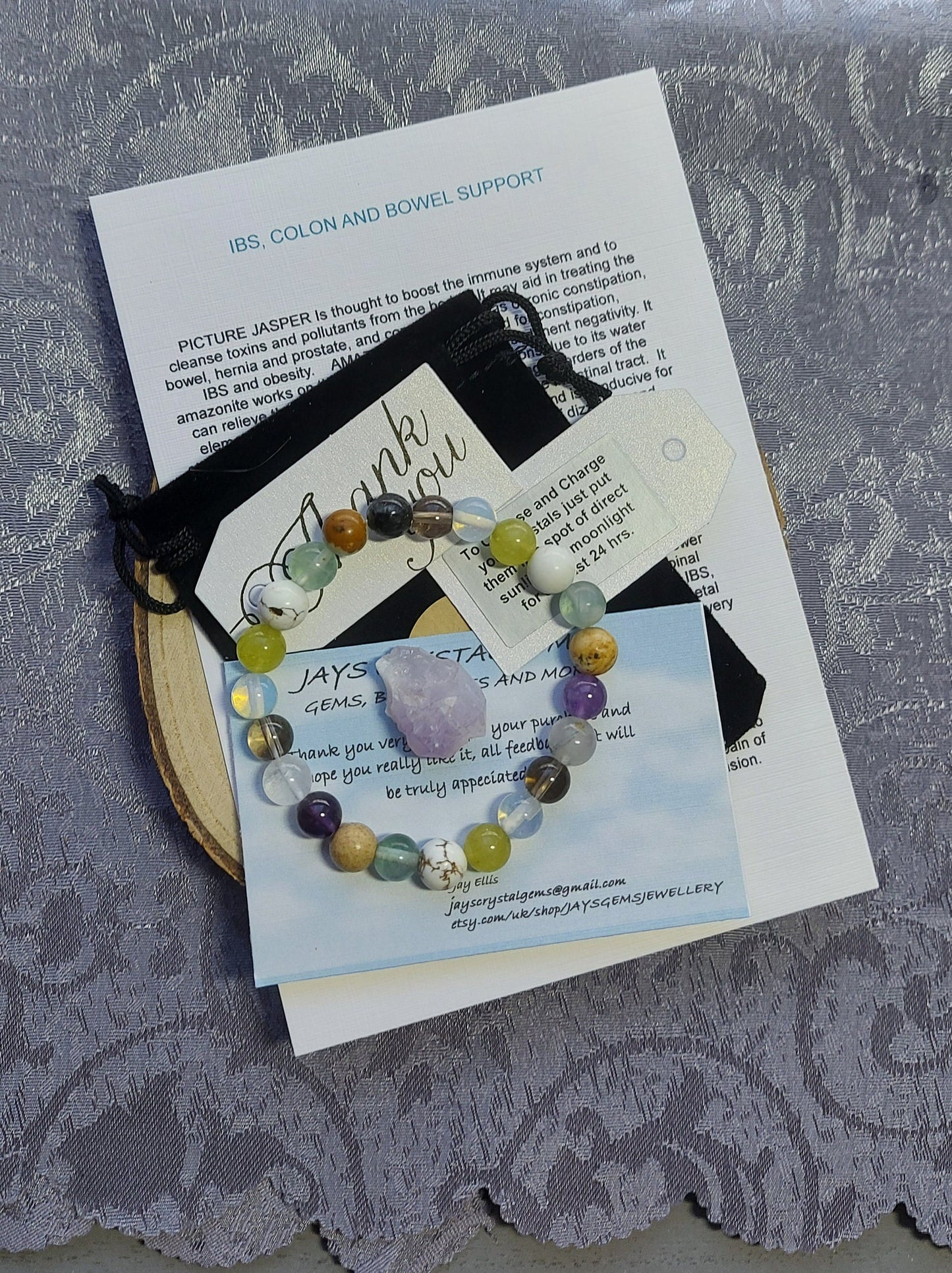 IBS, Bowel and Colon Support  Crystal Healing Gemstone Beaded Bracelet  using Fluorite, Picture Jasper,  Peridot, Moonstone and Garnet