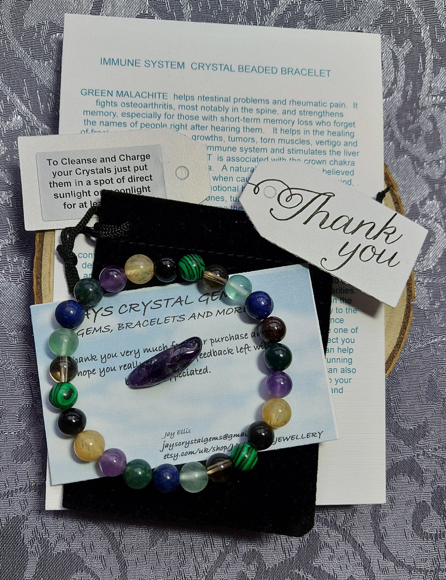 Handmade Crystal Healing Bracelet: Malachite, Amethyst, Black Tourmaline, Moss Agate, Lapis Lazuli & Citrine