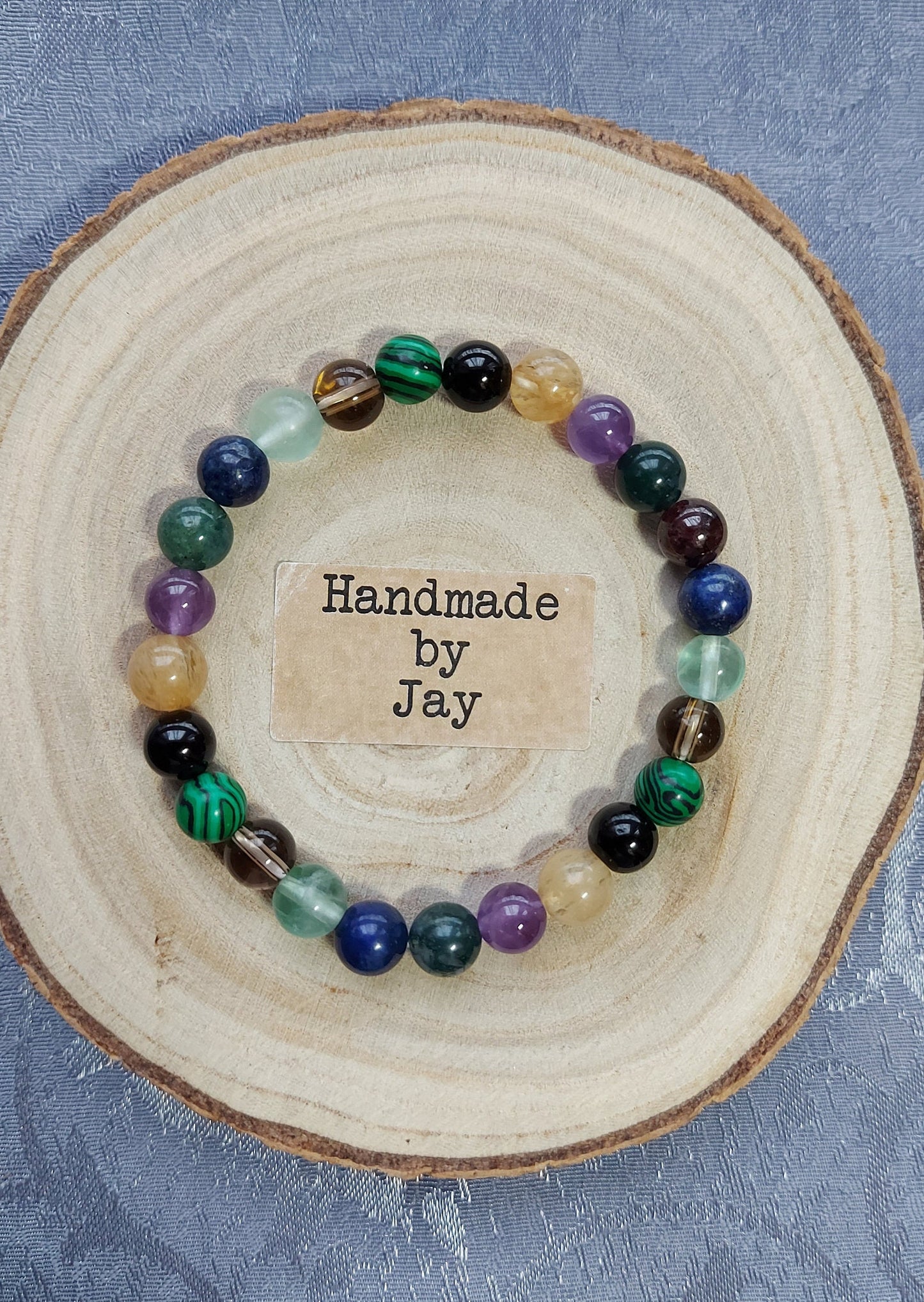 Handmade Crystal Healing Bracelet: Malachite, Amethyst, Black Tourmaline, Moss Agate, Lapis Lazuli & Citrine