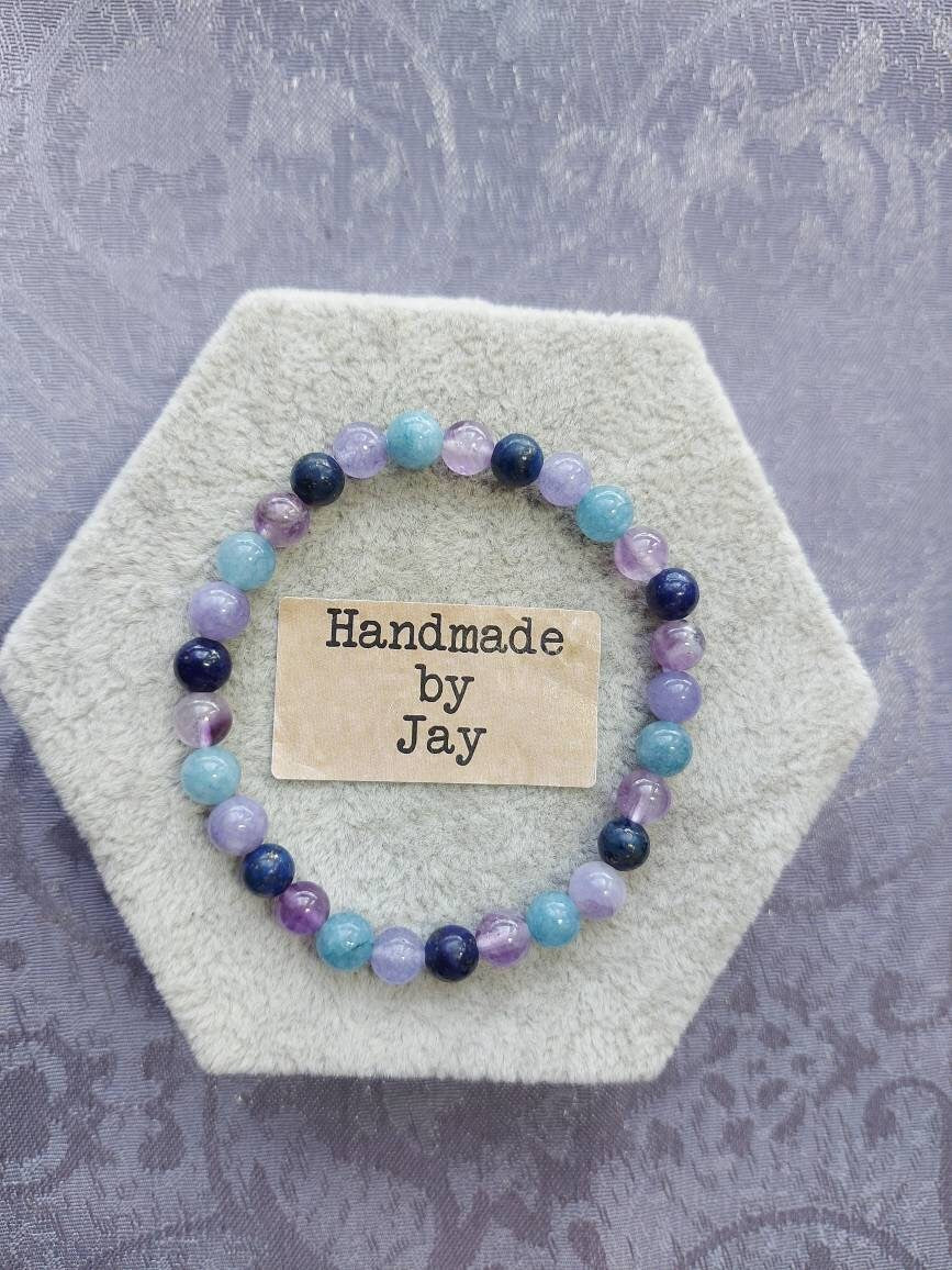 6mm Lapis Lazuli, Amethyst,  Aquamarine Crystal Gemstone Beaded Bracelet Reiki Throat Chakra