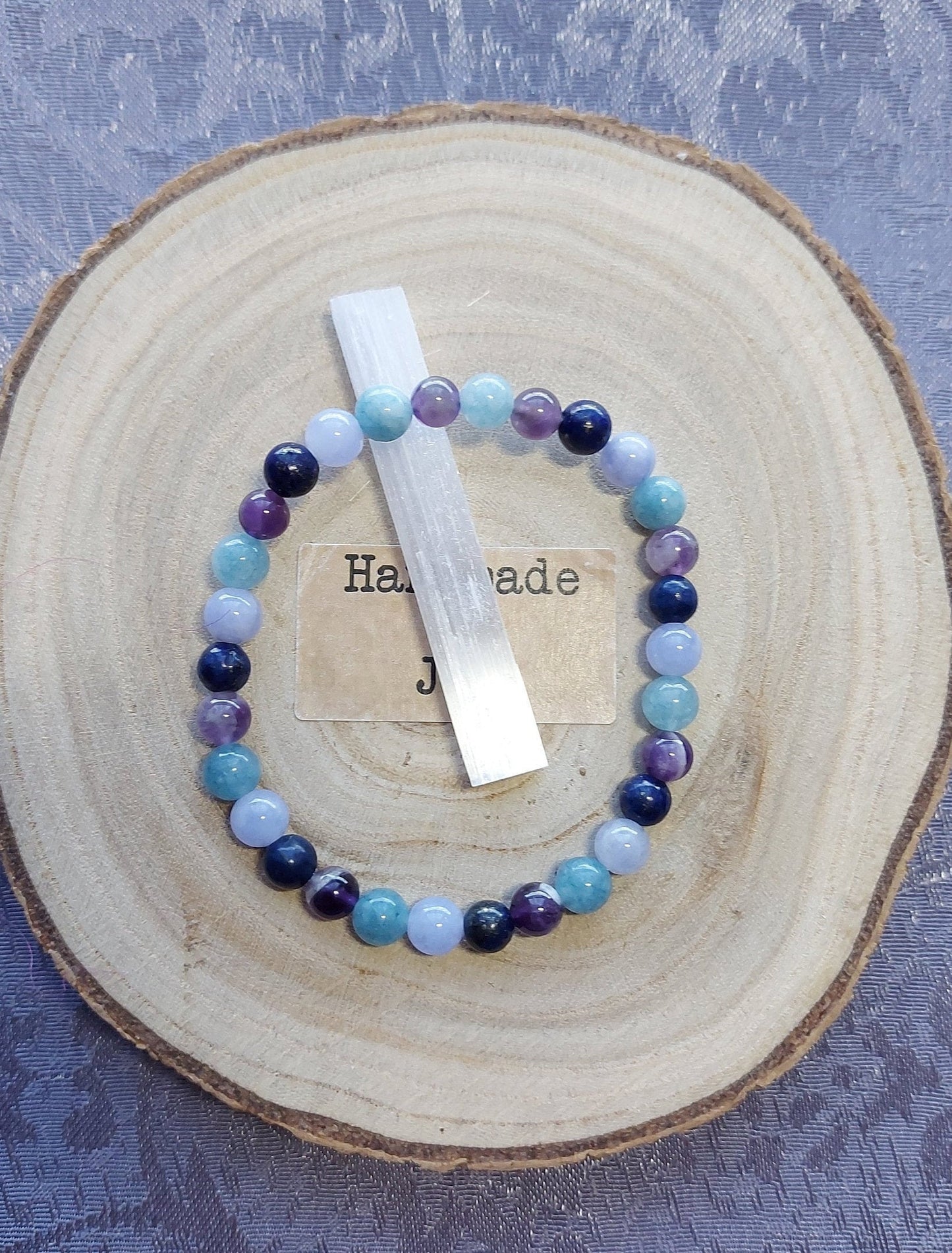 6mm Lapis Lazuli, Amethyst,  Aquamarine Crystal Gemstone Beaded Bracelet Reiki Throat Chakra