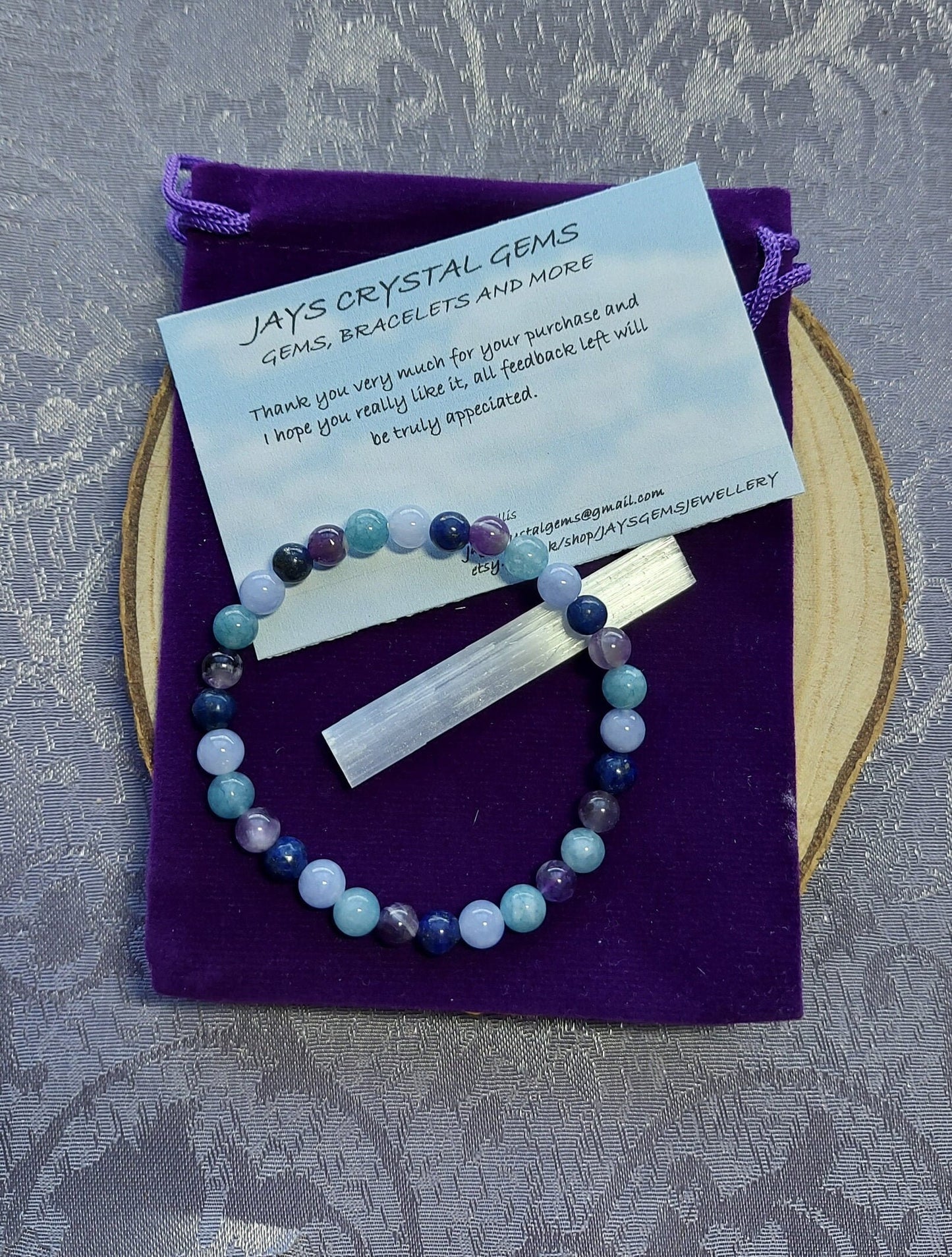 6mm Lapis Lazuli, Amethyst,  Aquamarine Crystal Gemstone Beaded Bracelet Reiki Throat Chakra