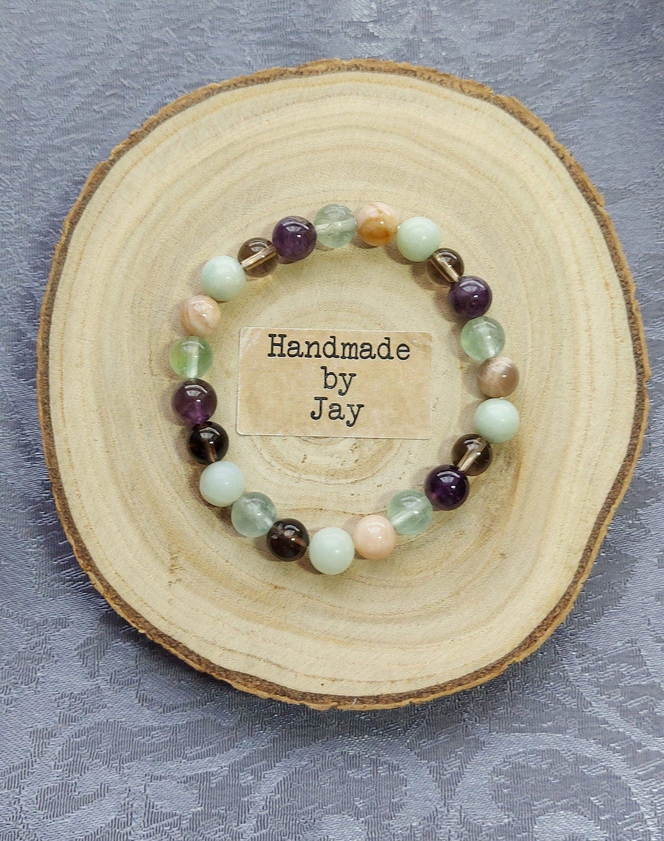 Fatigue Support Crystal Gemstone Beaded Bracelet: Sunstone, Ametrine, Smoky Quartz