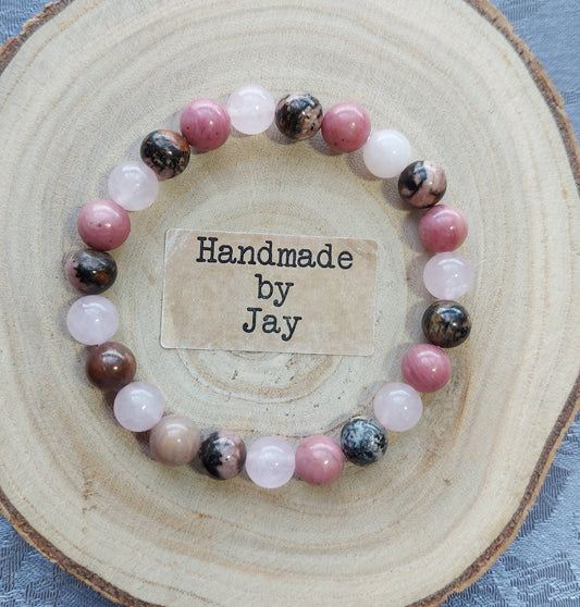 8mm Heart Chakra Rose Quartz, Rhodochrosite and Rhodonite Crystal Healing Gemstone Beaded Bracelet