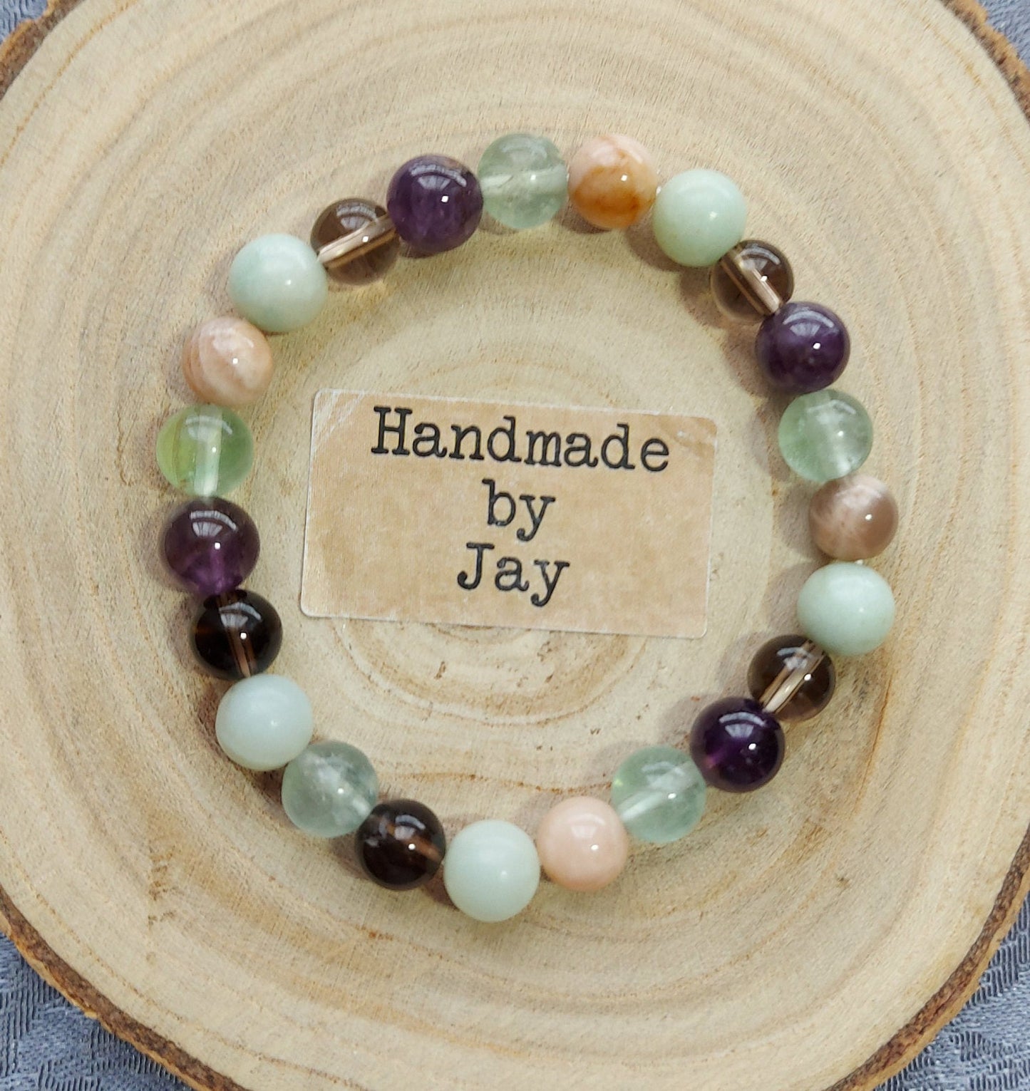 Fatigue Support Crystal Gemstone Beaded Bracelet: Sunstone, Ametrine, Smoky Quartz