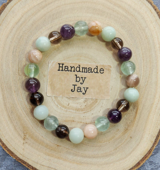 Fatigue Support Crystal Gemstone Beaded Bracelet: Sunstone, Ametrine, Smoky Quartz