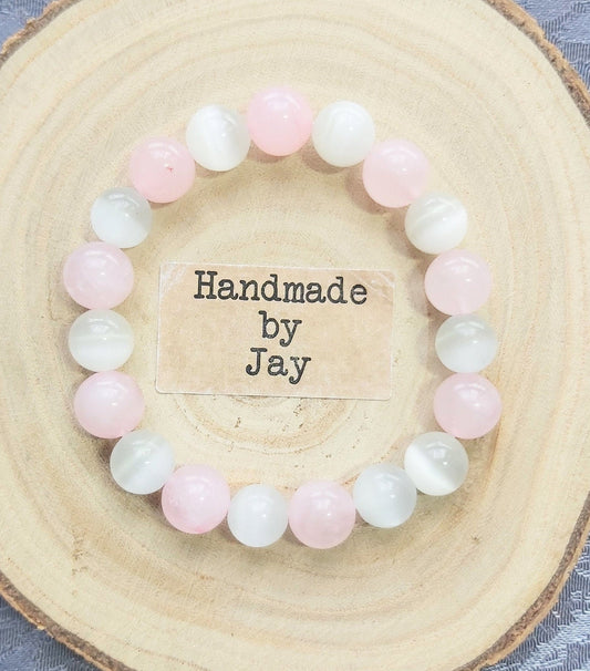 10mm Selenite & Rose Quartz  Crystal Gemstone Beaded Chakra Bracelet