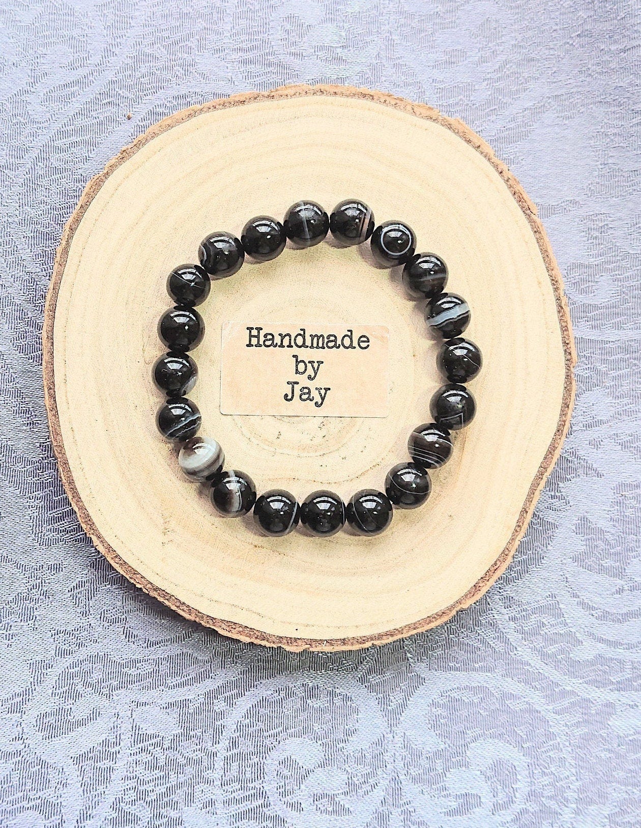 Handmade 10mm Sardonyx Crystal Bracelet: Black Healing Stone