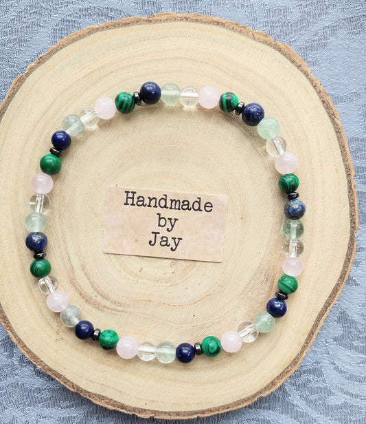 6mm Fluorite,  Lapis Lazuli, Rose Quartz, Rock Crystal & Green Malachite Crystal Gemstone Beaded Anklet Reiki