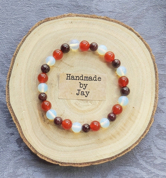 6mm Moonstone, Carnelian and Garnet Crystal Beaded Gemstone Bracelet