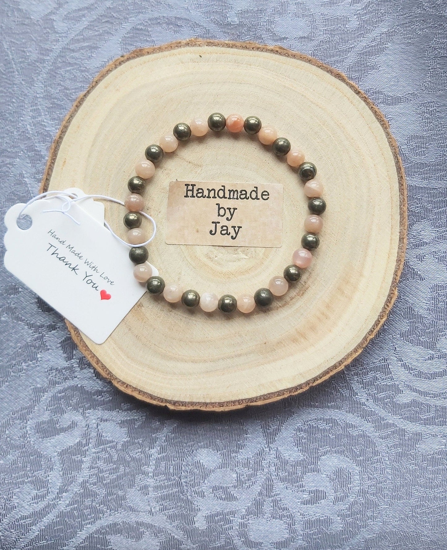 6mm Natural Sunstone and Pyrite Crystal Healing Gemstone Beaded  Bracelet for SAD, Confidence and Positve Energy for Solar Plexus