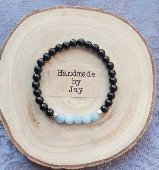6mm Black Tourmaline and Aquamarine for IBS,  Thyroid and Fatigue Crystal Healing Beaded Chakra Bracelet
