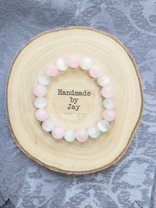 10mm Selenite & Rose Quartz  Crystal Gemstone Beaded Chakra Bracelet