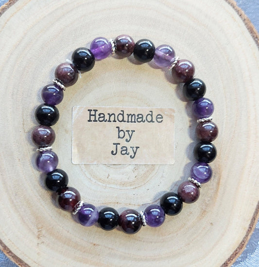 Handmade AAA Natural 8mm Garnet, Dream Amethyst & Black Tourmaline Crystal Healing Beaded Gemstone Bracelet