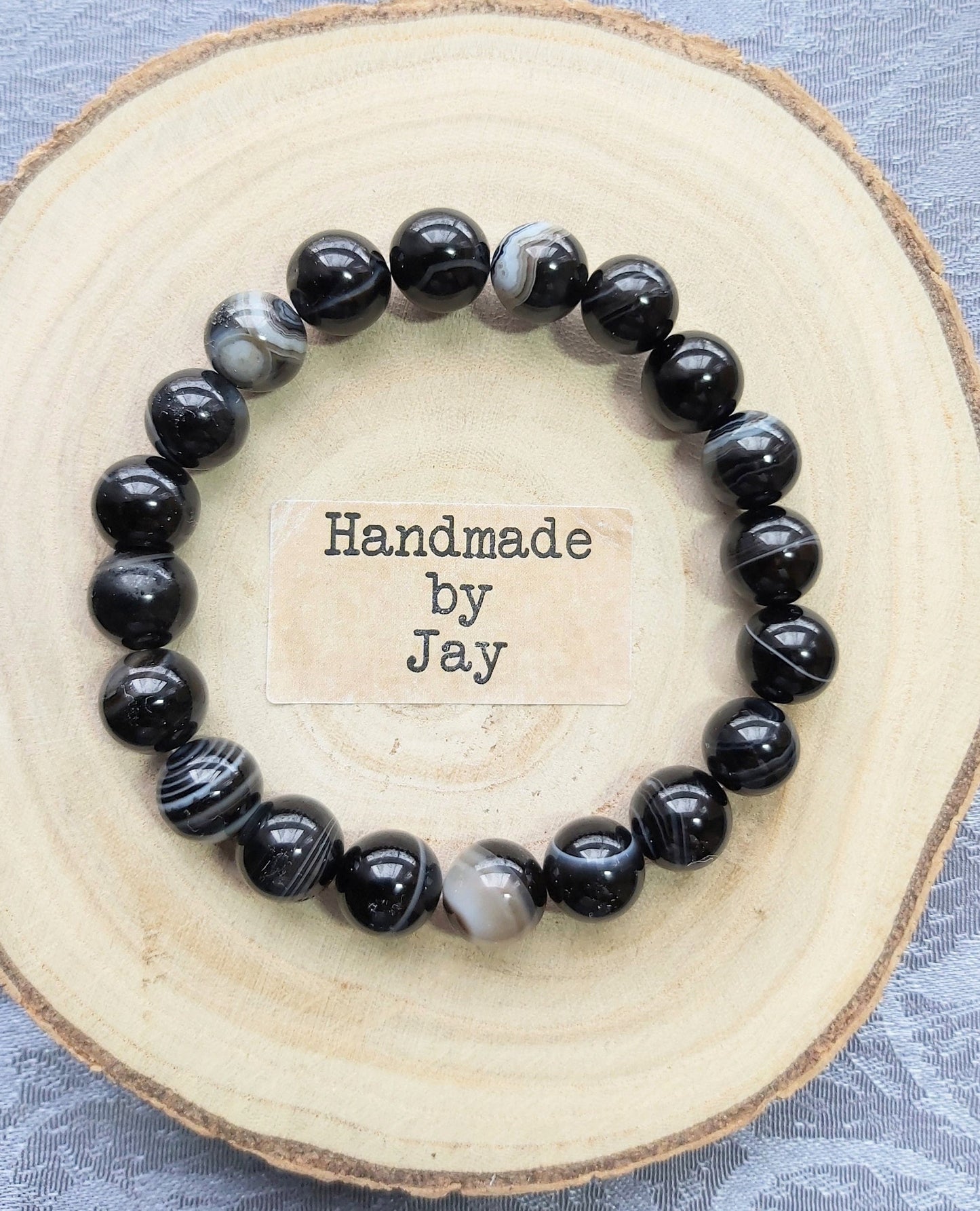 Handmade 10mm Sardonyx Crystal Bracelet: Black Healing Stone
