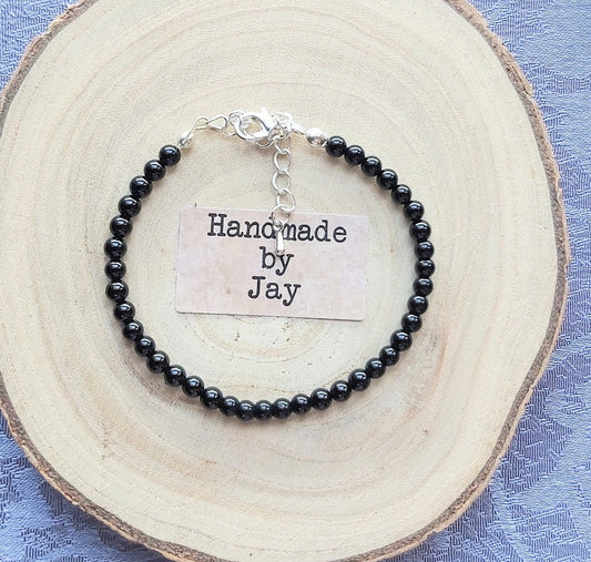4mm Black Tourmaline Bracelet: Sterling Silver, Grounding & Protection