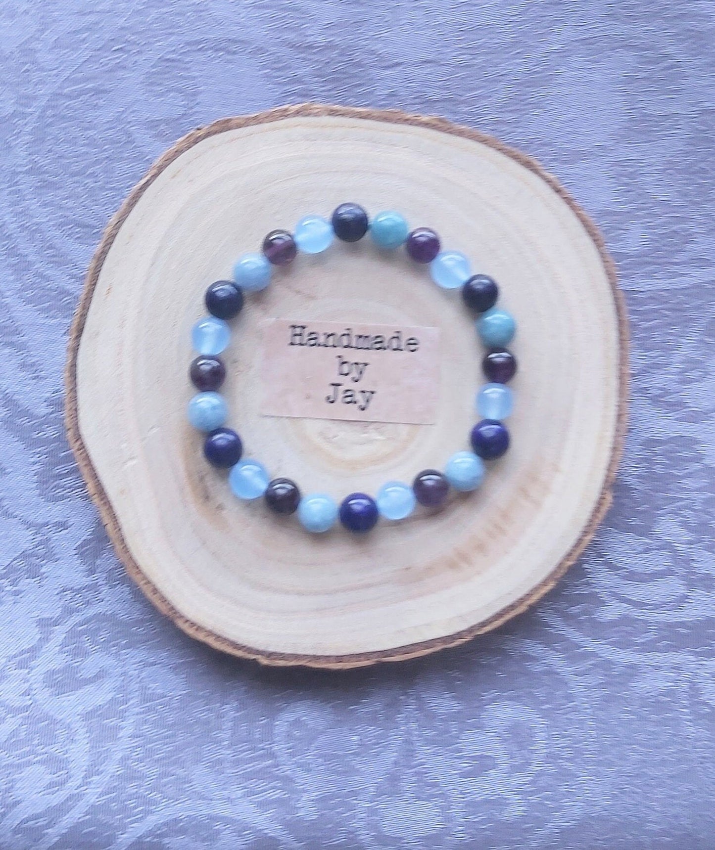8mm Throat Chakra Lapis Lazuli, Amethyst & Aquamarine Crystal Gemstone Beaded Bracelet Reiki Chakra