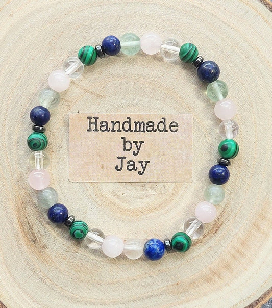 Handmade Crystal Healing Gemstone Bracelet: Malachite, Lapis Lazuli, Fluorite