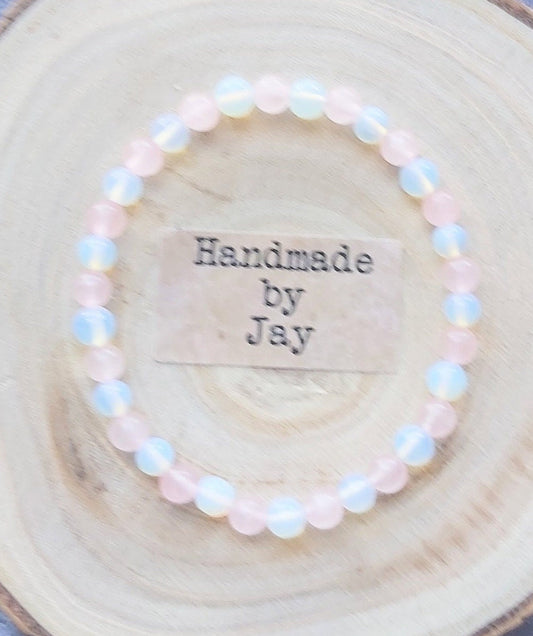 6mm Rose Quartz & Moonstone Crystal Healing Beaded Bracelet for Love, Calming and Fertility