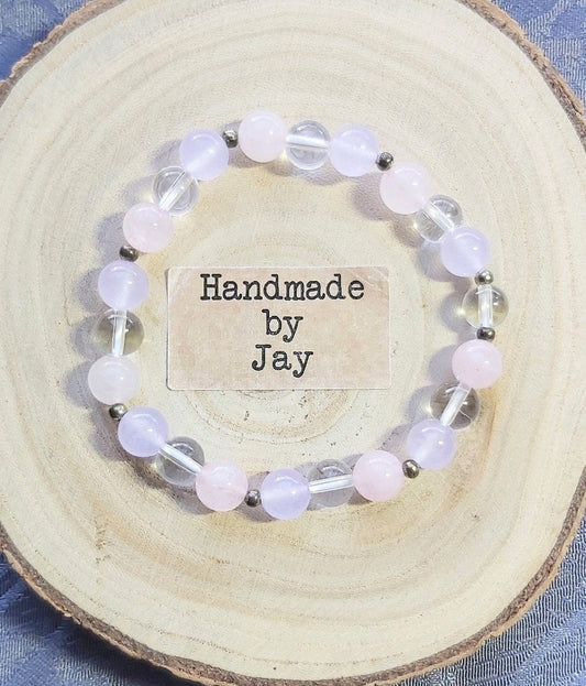 8mm Crystal Quartz,  Rose Quartz and Lilac Jade Crystal Healing Beaded Bracelet for Love & Contentment