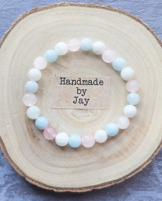 Handmade Crystal Healing Bracelet: Rose Quartz, Aquamarine and Moonstone
