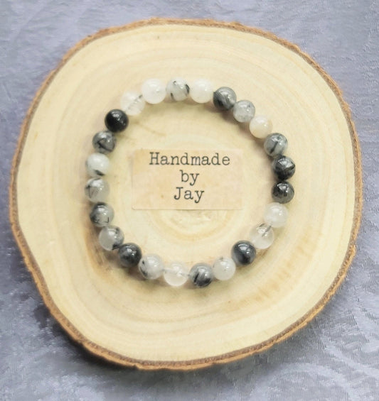 Handmade Natural 8mm Black Rutilated Quartz for Grounding, IBS, Detox and Protection Crystal Healing Beaded Bracelet