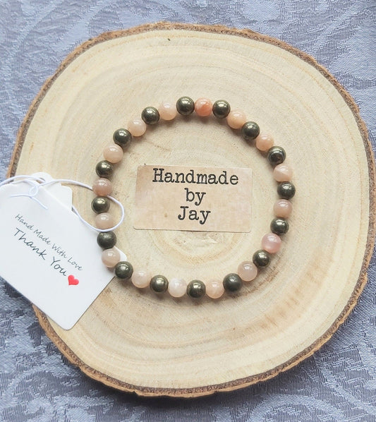 6mm Natural Sunstone and Pyrite Crystal Healing Gemstone Beaded  Bracelet for SAD, Confidence and Positve Energy for Solar Plexus