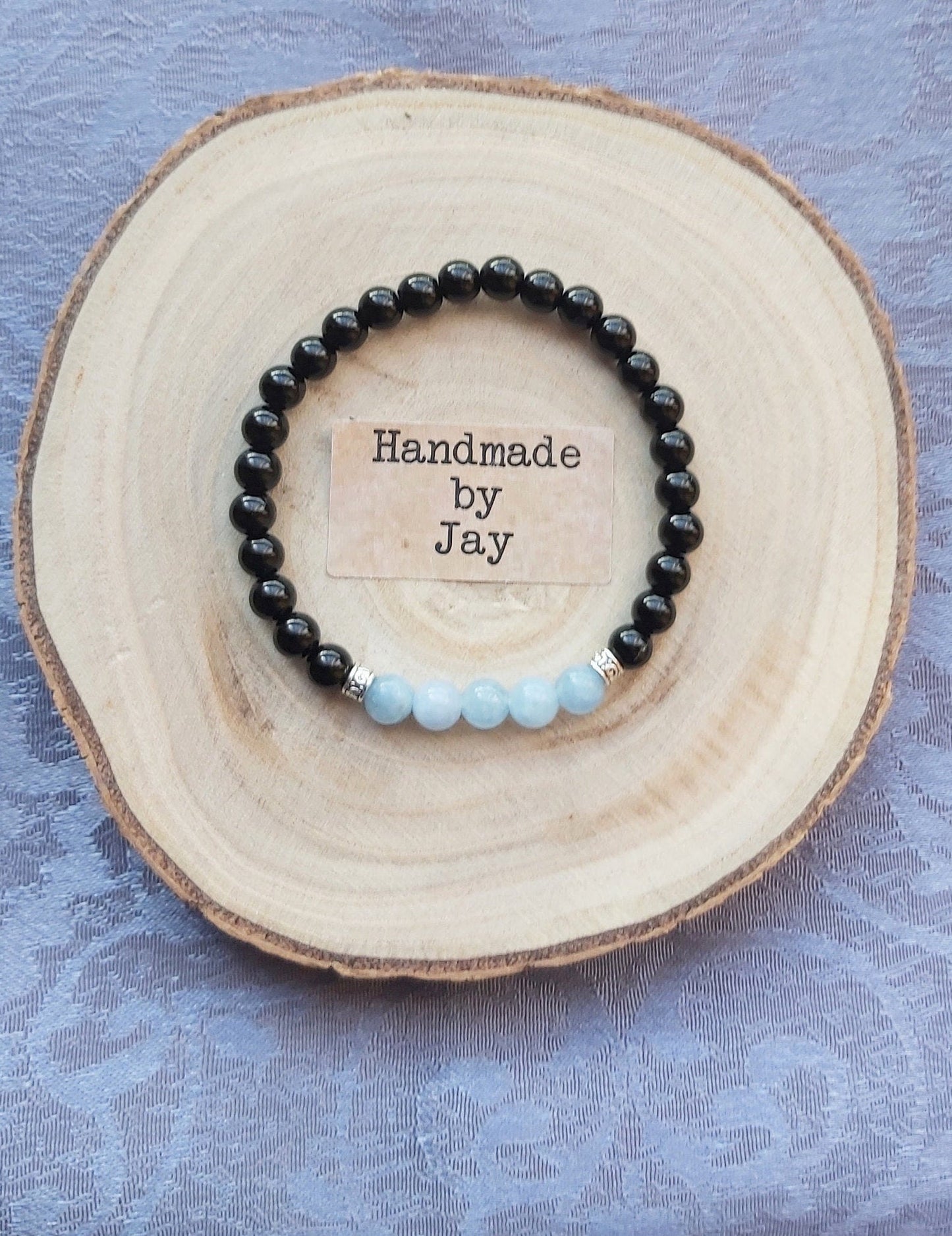 6mm Black Tourmaline and Aquamarine for IBS,  Thyroid and Fatigue Crystal Healing Beaded Chakra Bracelet