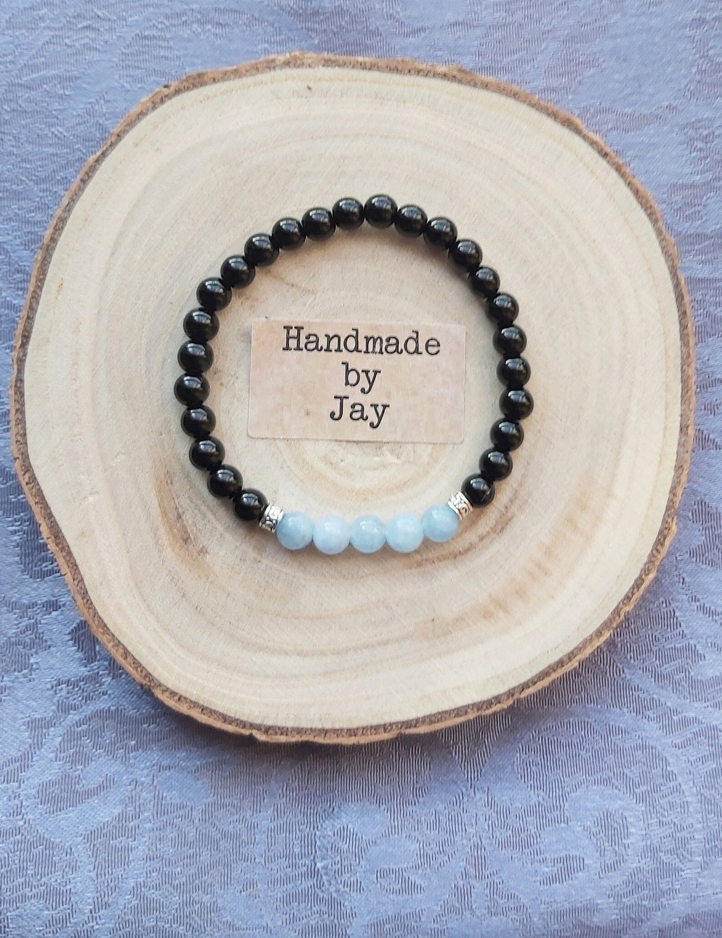 Black Tourmaline and Aquamarine Crystal Bracelet: Handmade Beaded Chakra Jewellery