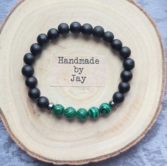 8mm Black Matt Oxyx and Green Malachite  Crystal Gemstone Beaded Chakra Bracelet