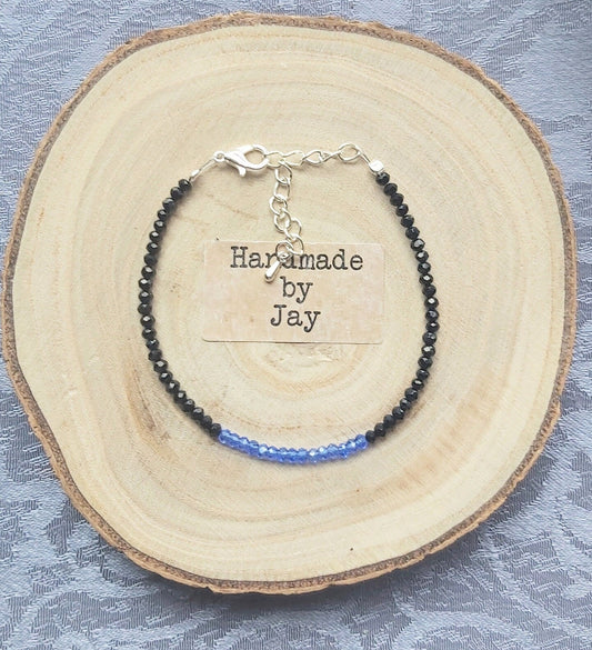 2mm Faceted Black Tourmaline & Tanzanite Crystal Healing Gemstone Beaded 925 Sterling Silver Bracelet