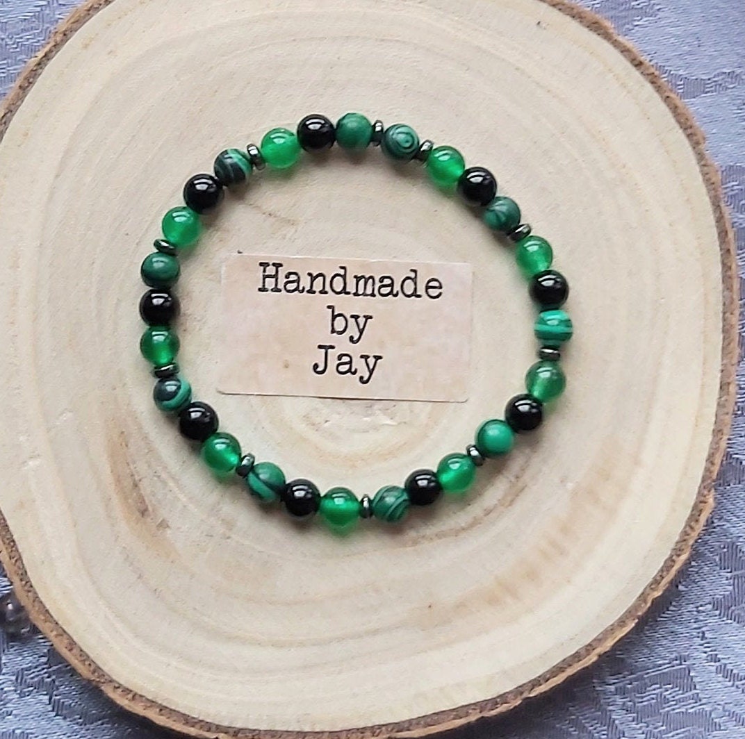 Jade, Green Malachite & Black Onyx for Grounding Crystal Gemstone Beaded bracelet