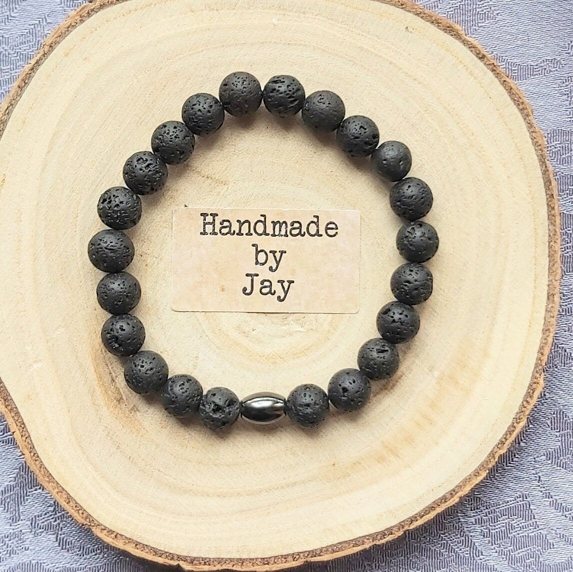 Handmade Natural 8mm Volcanic Lava and Lodestone Magnetic Crystal Gemstone Beaded Bracelet Grounding