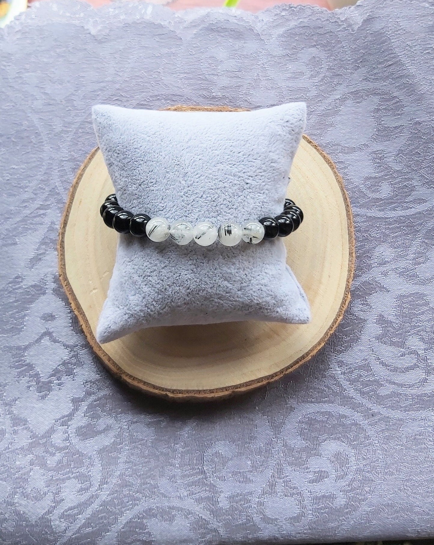 Handmade Natural 8mm Black Rutilated Quartz and Black Tourmaline Grounding and Protection Crystal Healing Beaded Bracelet
