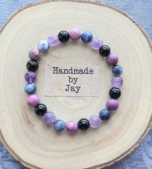 8mm Amethyst, Sodalite, Suglite, Black Tourmaline, and Lepidolite Crystal Gemstone Beaded Chakra Bracelet